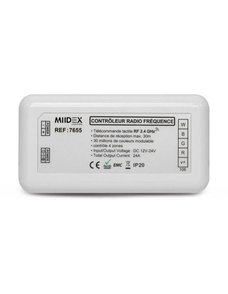 Miidex - 7655 - CONTROLEUR RADIO FREQUENCE 4 ZONES RGB+BLC 12-24V DC