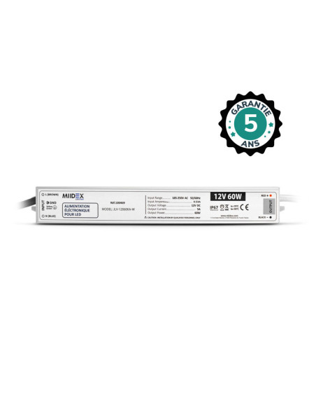 Miidex 100469 - ALIM 12V DC LUMINEUX 60W IP67 5ANS